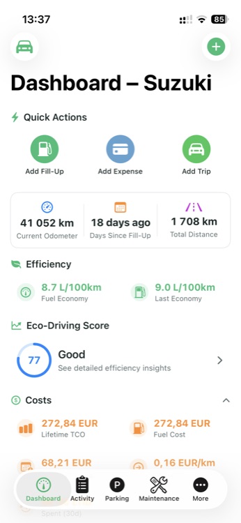 MileFlow app dashboard showing vehicle cost overview
